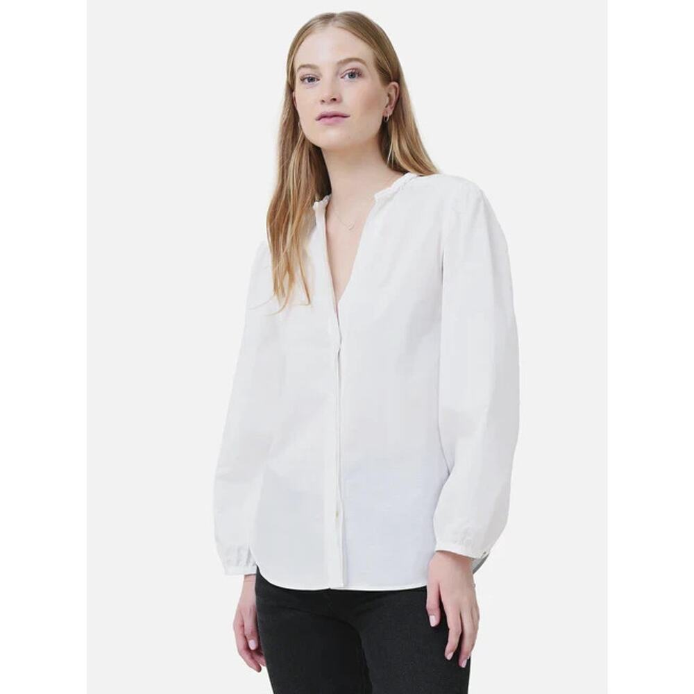 Vince Women's Braid Trim Band Collar Blouse White Button up Top Deep V-Neck XL - Picture 1 of 16